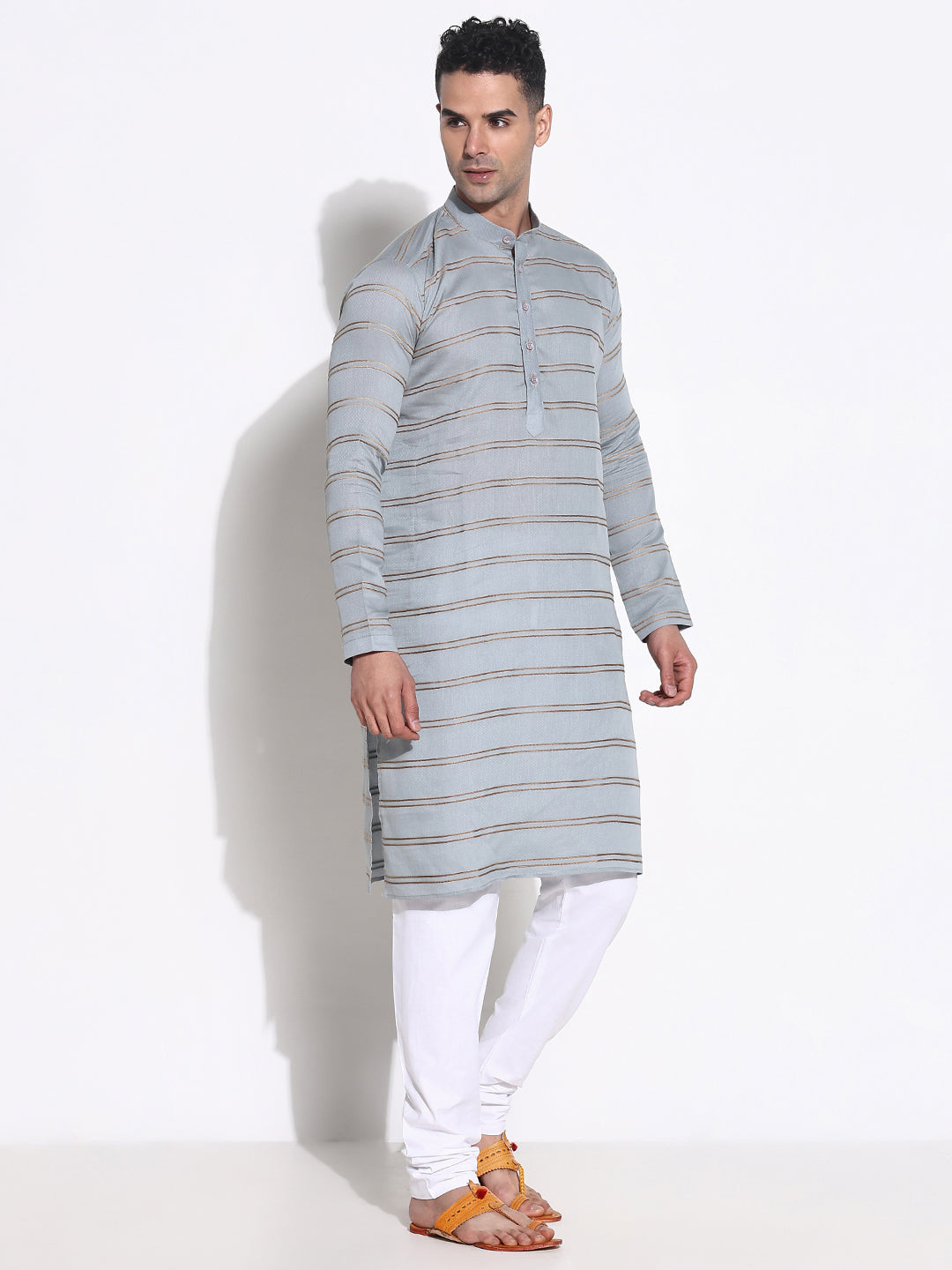 Men Grey Striped Kurta Set