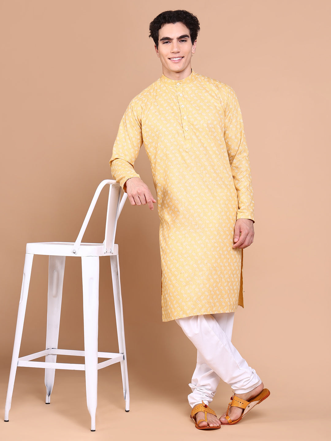 Men Mustard Floral Kurta Set