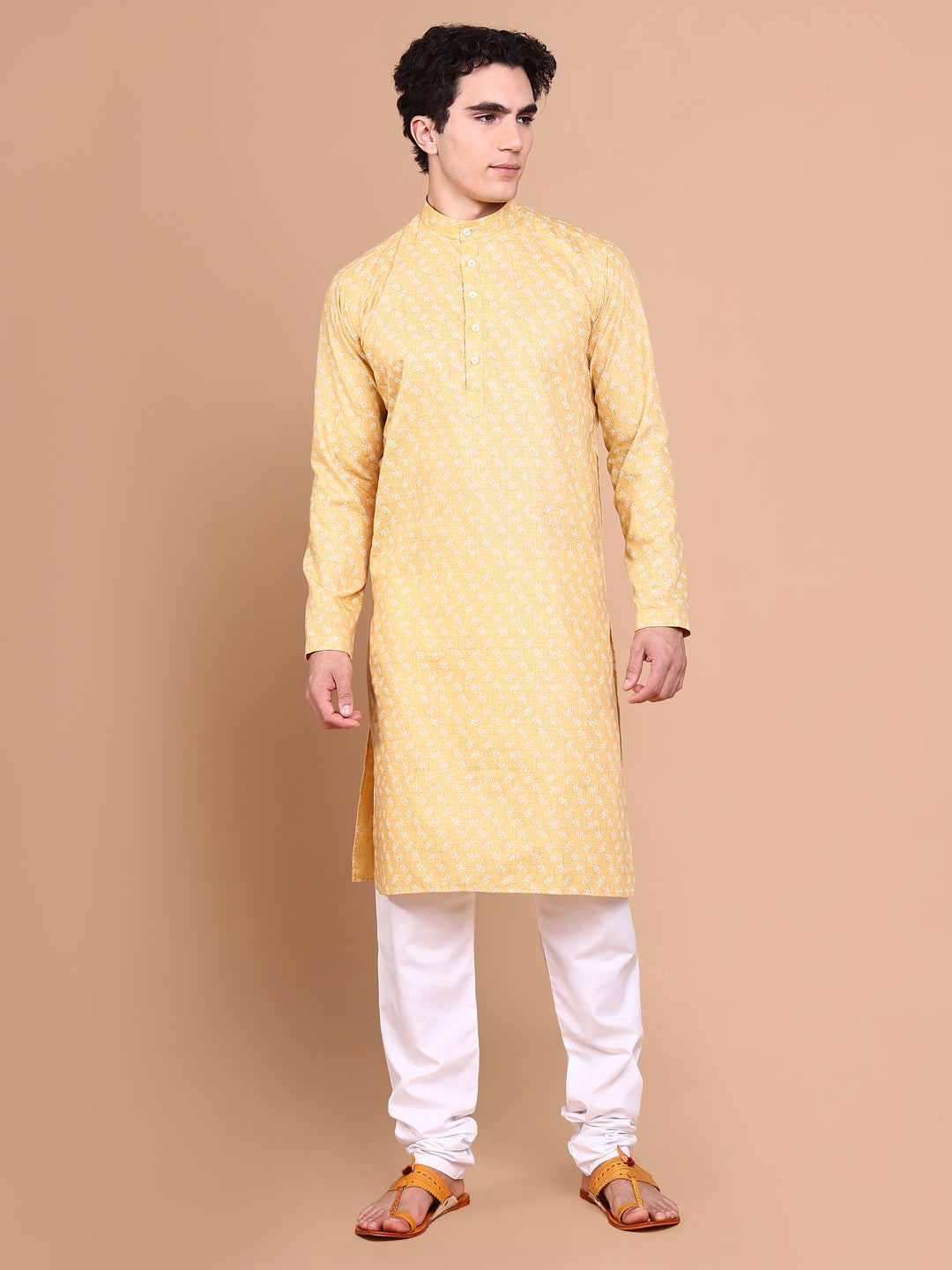 Men Mustard Floral Kurta Set