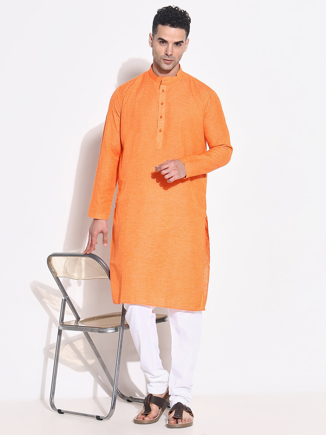 Men Orange Solid Kurta Set