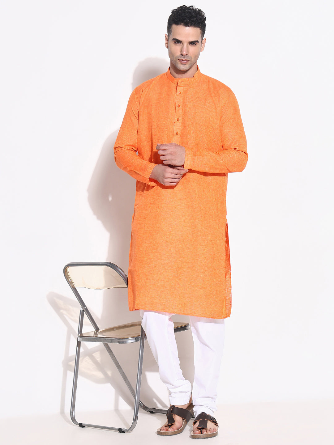 Men Orange Solid Kurta Set