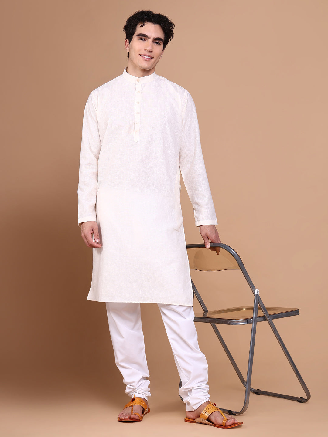 Men Cream Solid Kurta Set