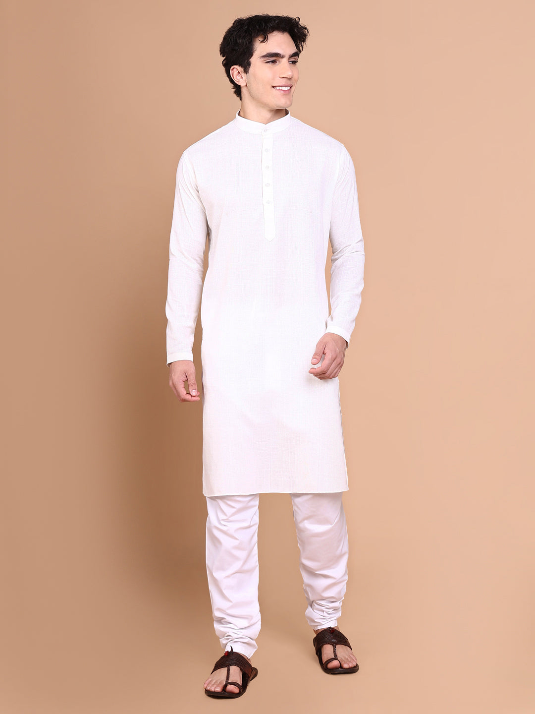 Men Off White Solid Kurta Set