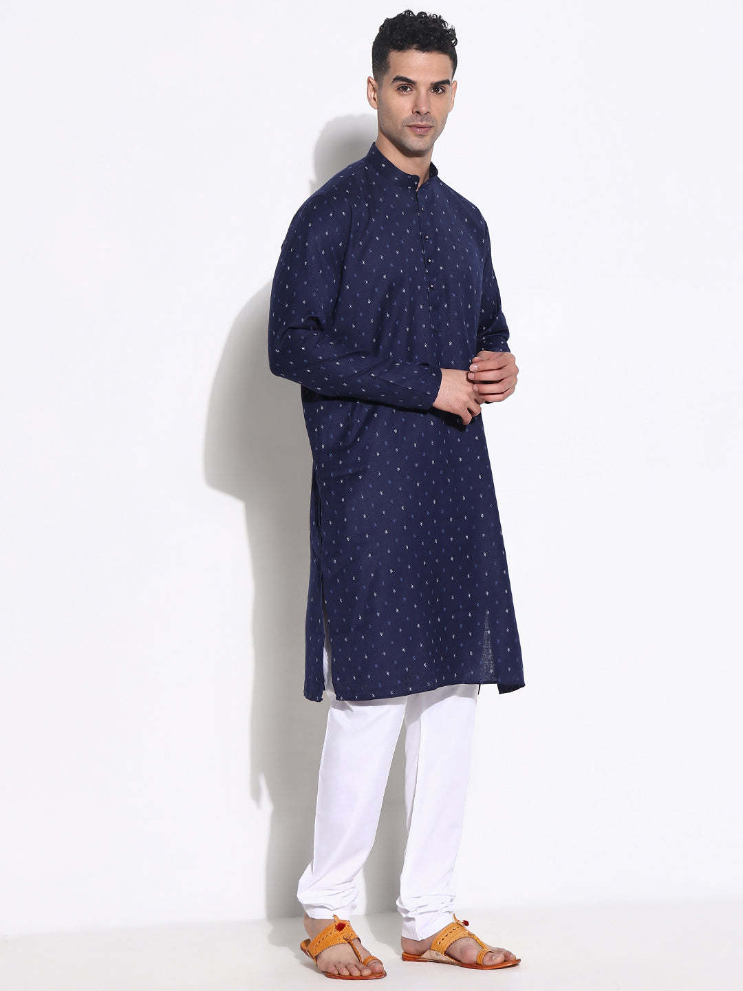 Men Navy Blue Geometric Kurta Set