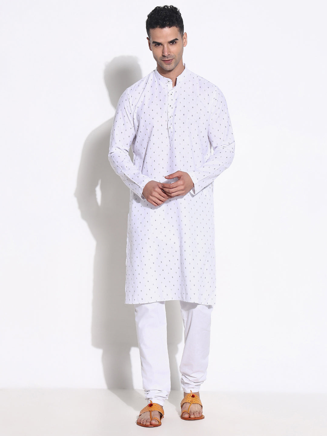 Men White Geometric Kurta Set