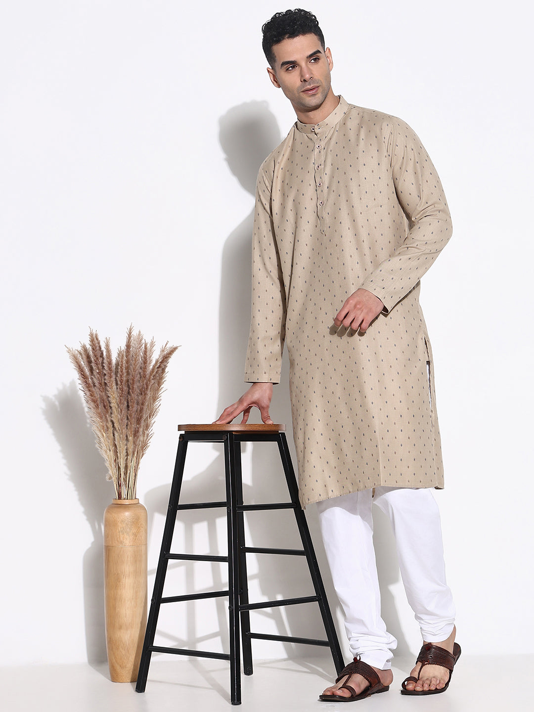 Men Beige Geometric Kurta Set