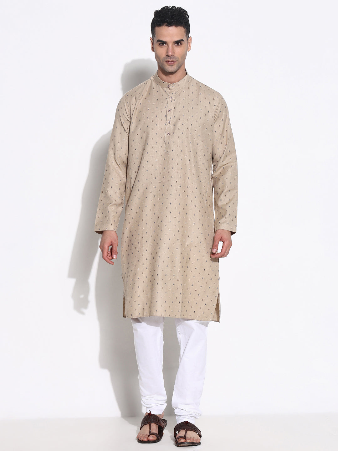 Men Beige Geometric Kurta Set