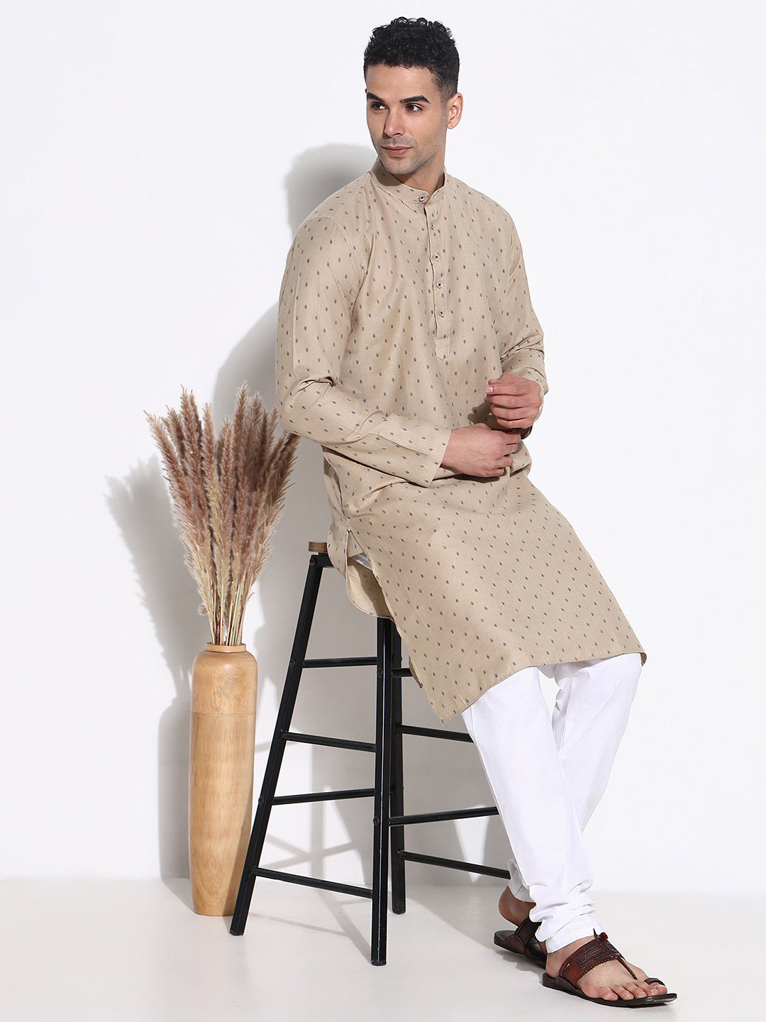 Men Beige Geometric Kurta Set