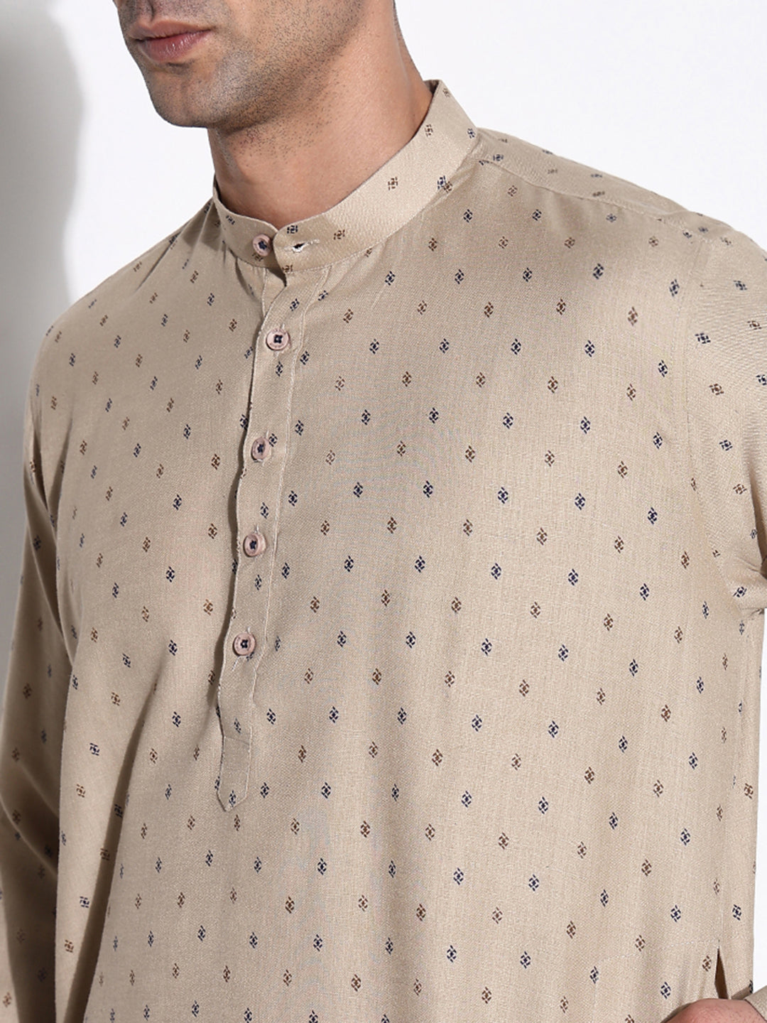 Men Beige Geometric Kurta Set