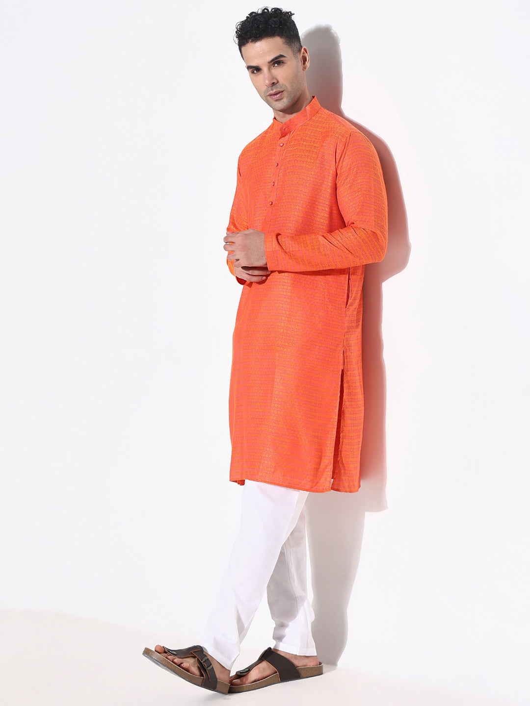 Men Orange Geometric Kurta Set