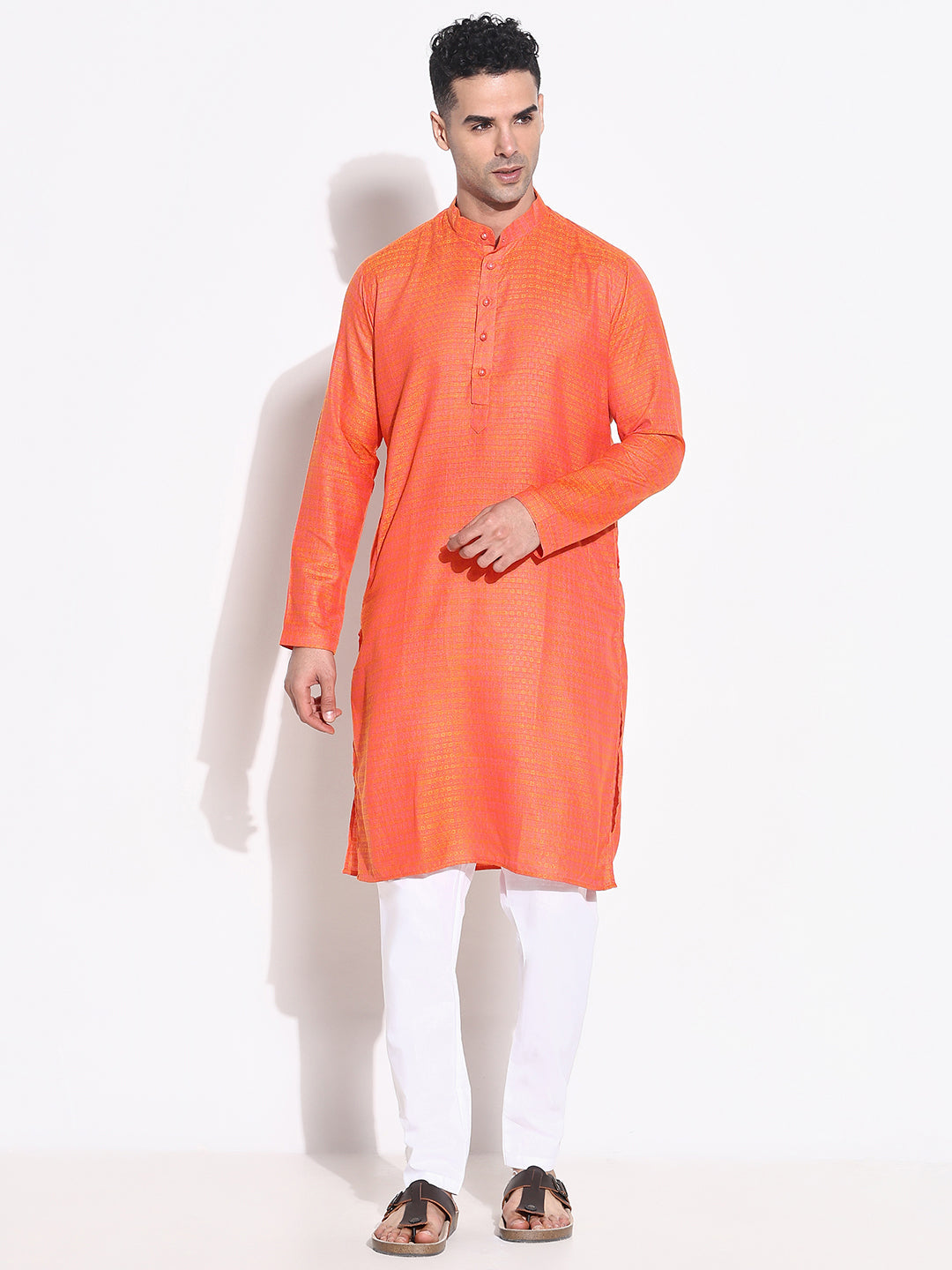 Men Orange Geometric Kurta Set