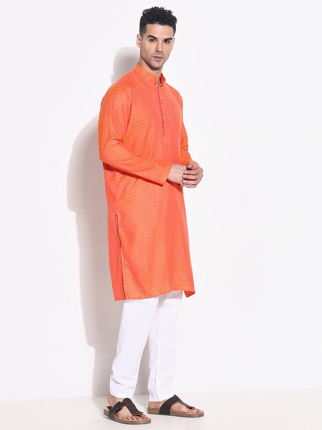 Men Orange Geometric Kurta Set