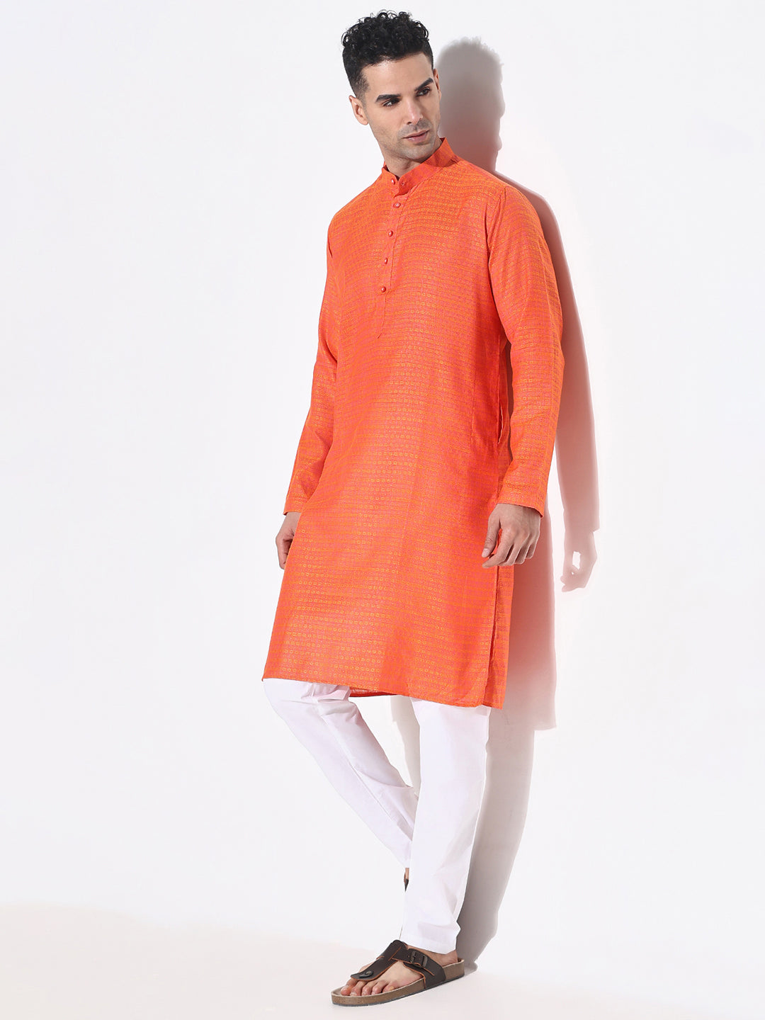 Men Orange Geometric Kurta Set