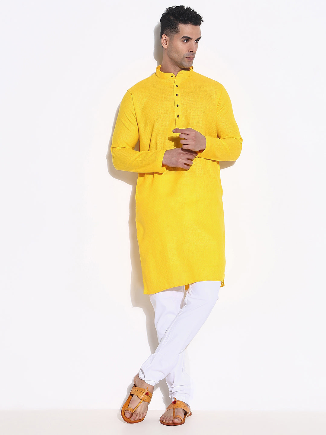 Men Yellow Solid Kurta Set