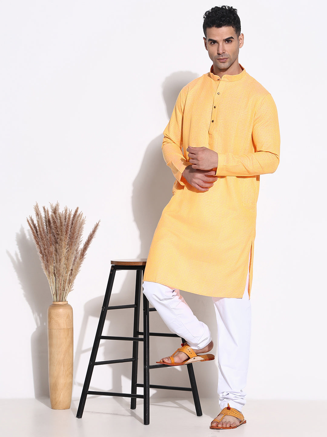 Men Orange Solid Kurta Set