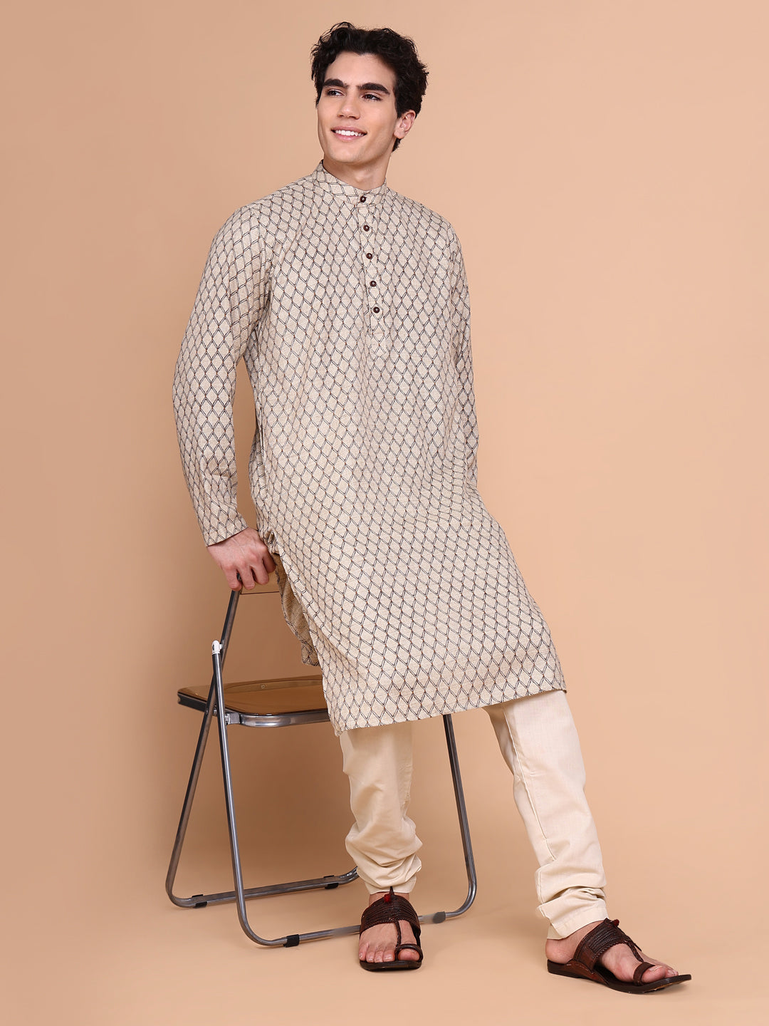 Men Beige Geometric Kurta Set