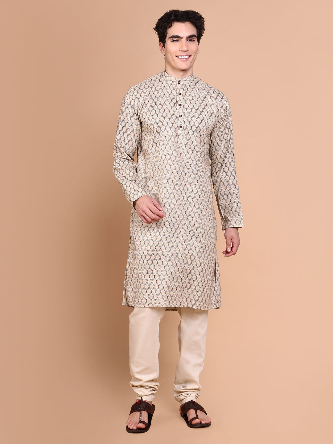 Men Beige Geometric Kurta Set