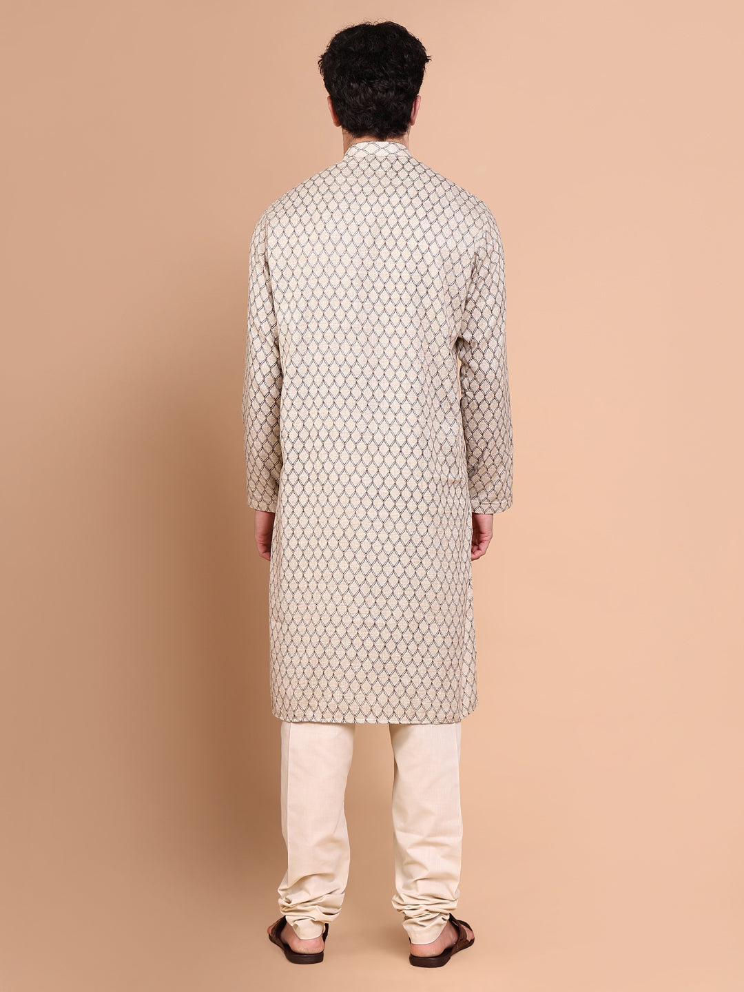 Men Beige Geometric Kurta Set