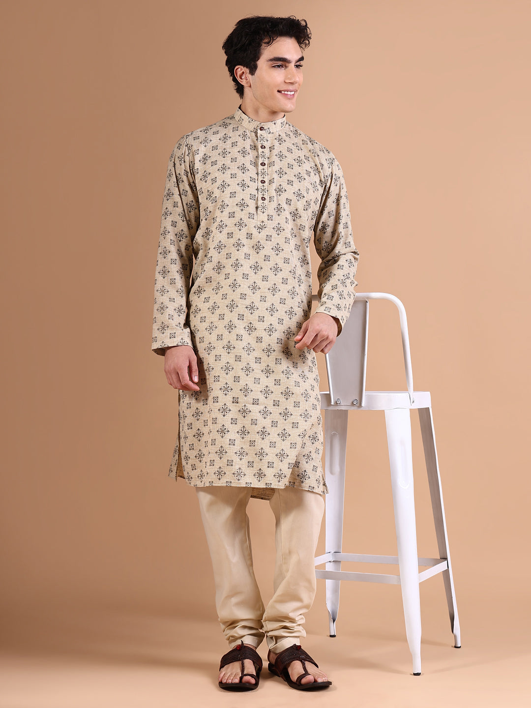 Men Beige Geometric Kurta Set