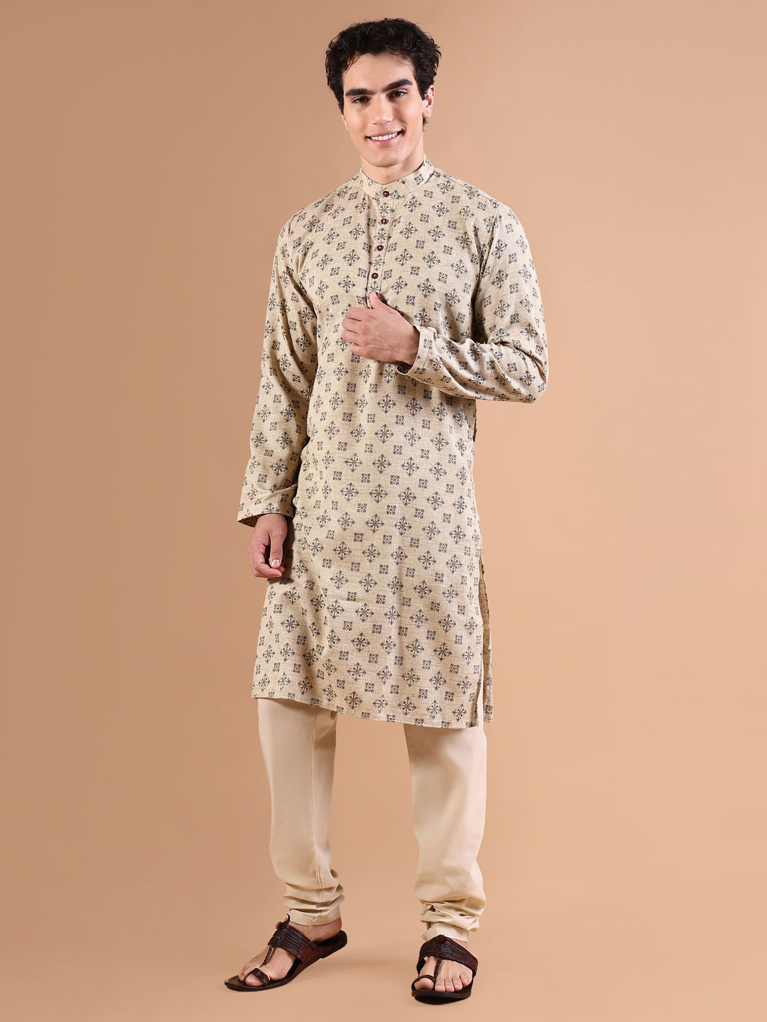 Men Beige Geometric Kurta Set