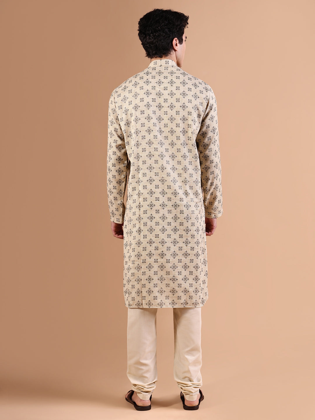 Men Beige Geometric Kurta Set