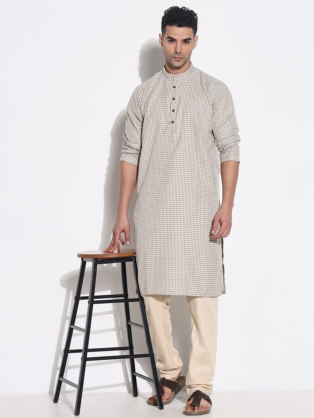 Men Beige Checked Kurta Set