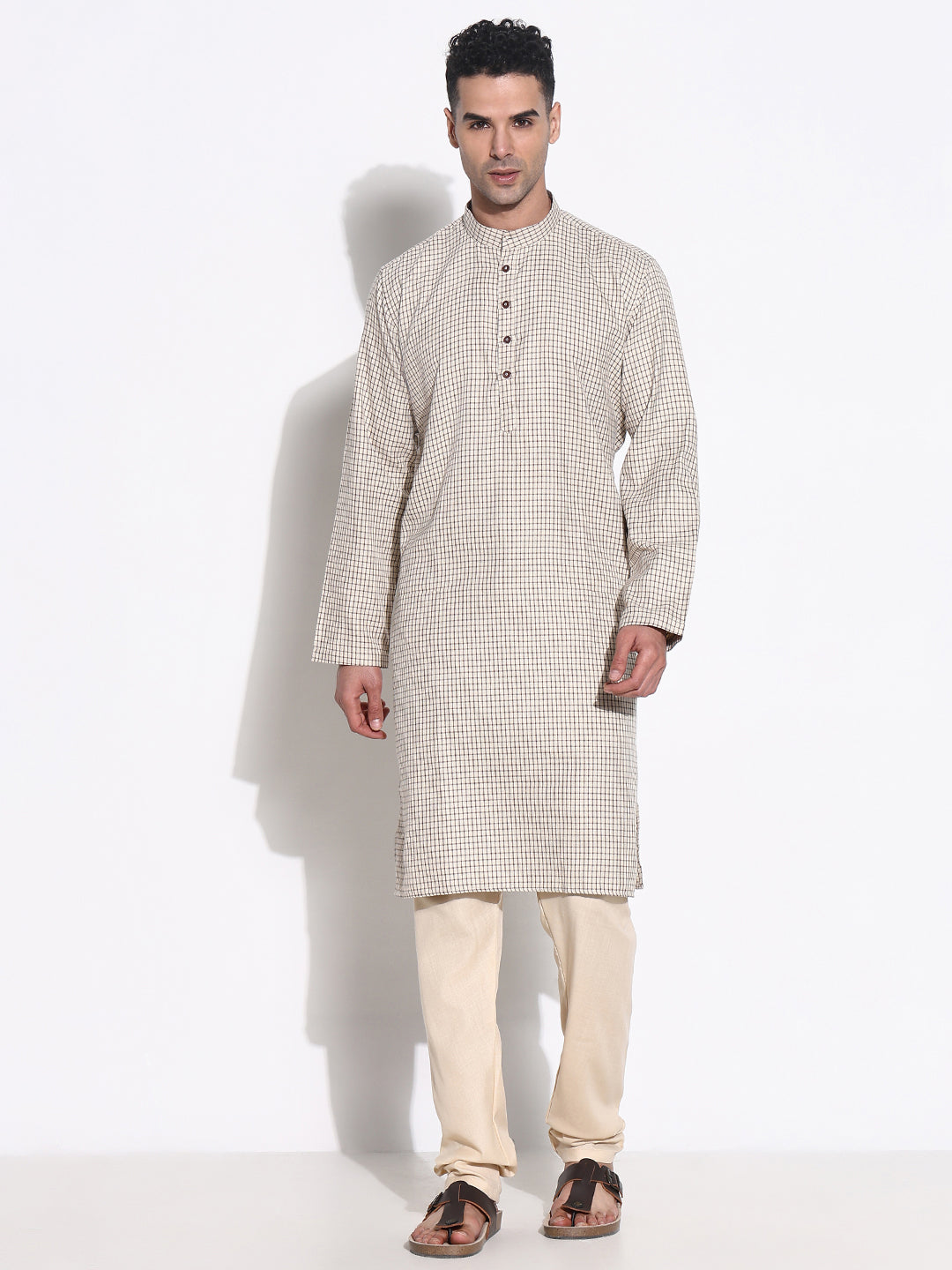 Men Beige Checked Kurta Set