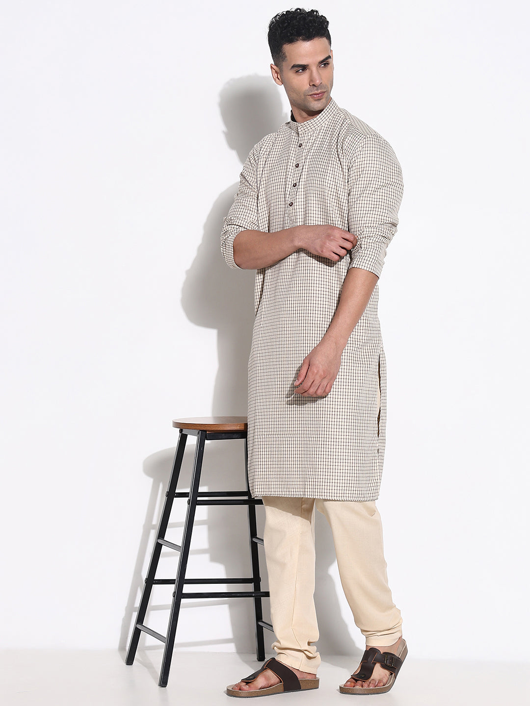 Men Beige Checked Kurta Set