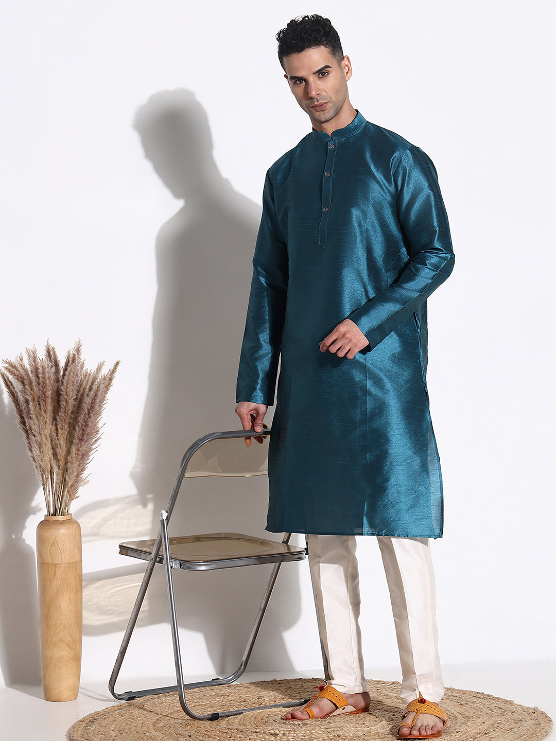 Men Teal Solid Kurta Set