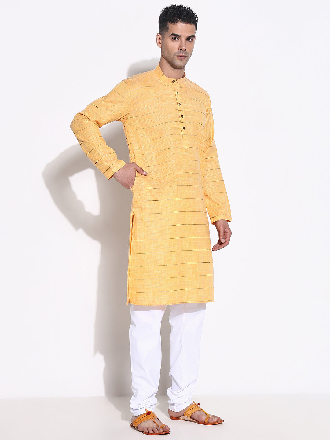 Men Orange Striped Kurta Set