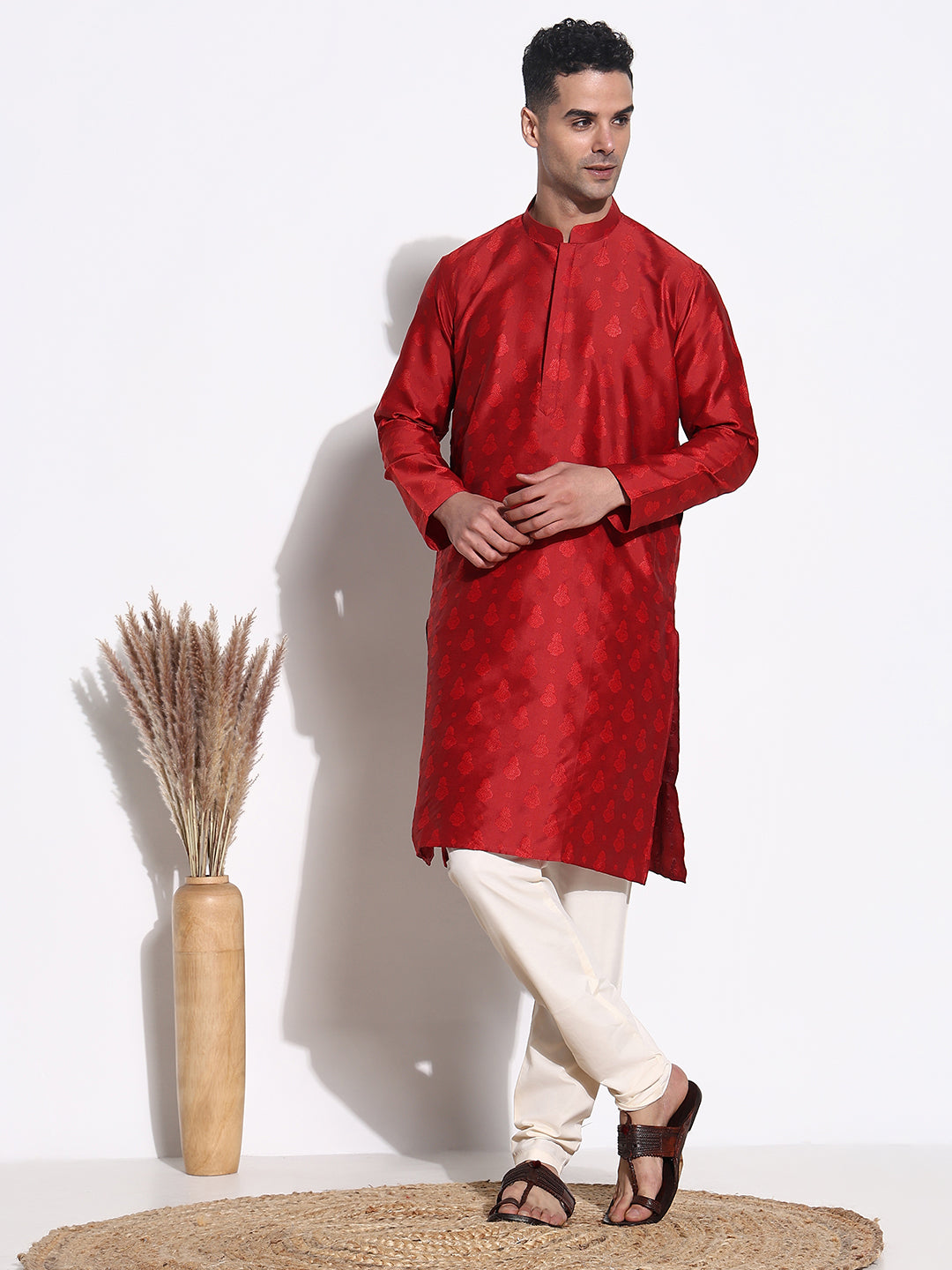 Men Red Ethnic Motifs Kurta Set