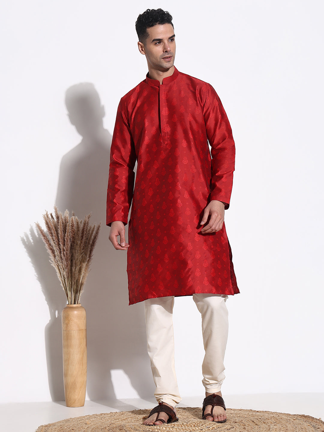 Men Red Ethnic Motifs Kurta Set