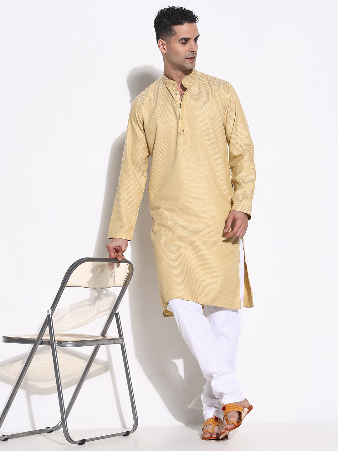 Men Beige Solid Kurta Set