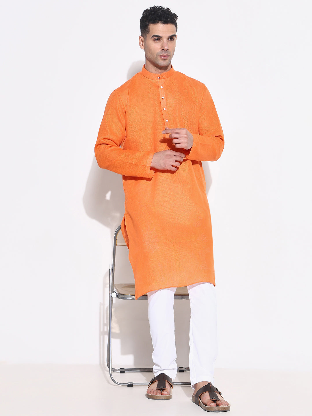 Men Orange Solid Kurta Set