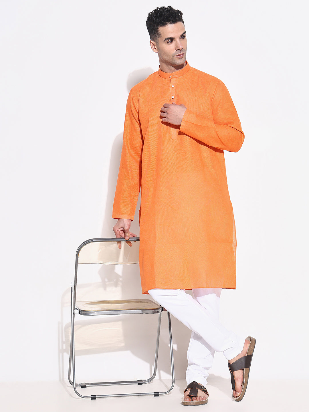 Men Orange Solid Kurta Set