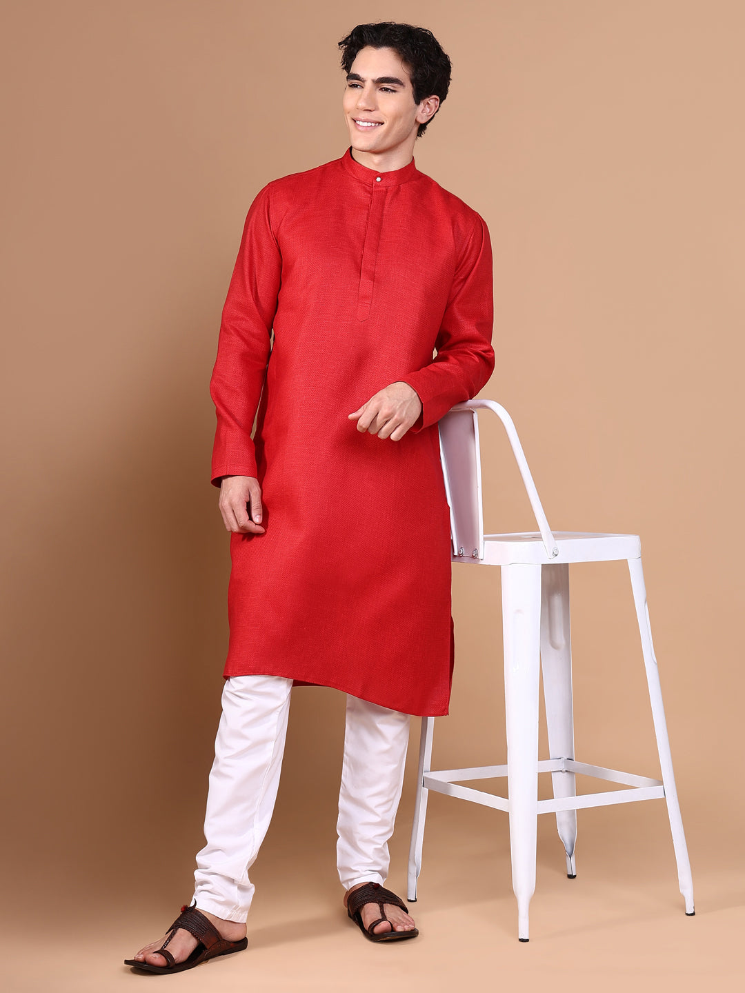 Men Red Geometric Kurta Set