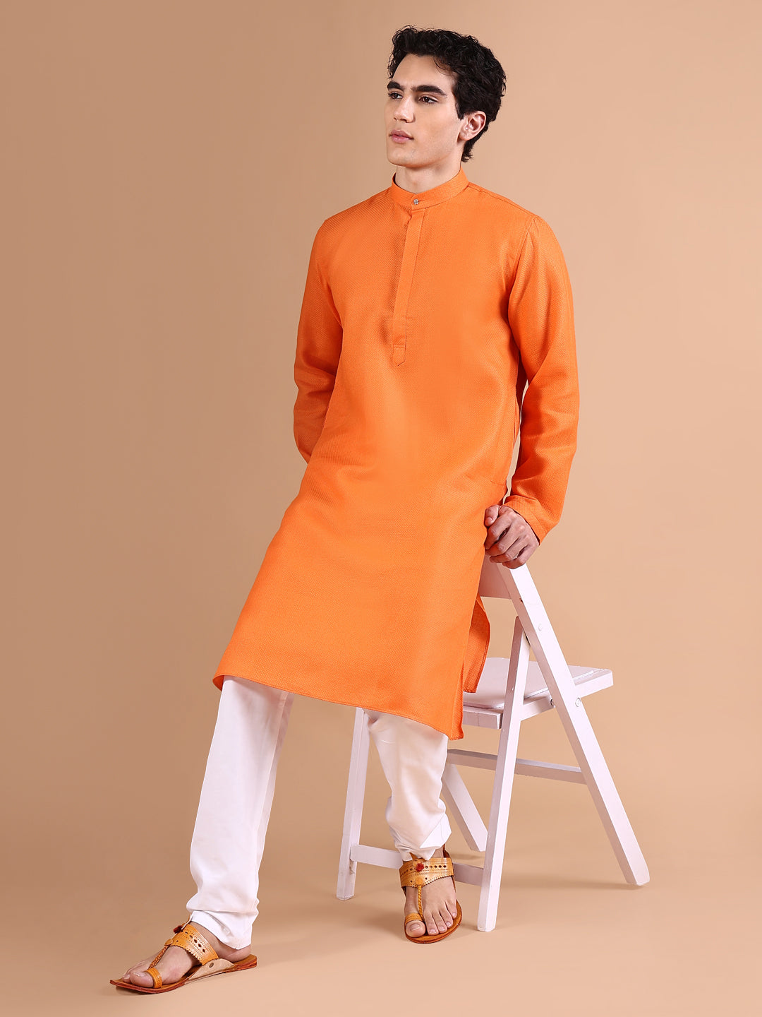 Men Orange Solid Kurta Set