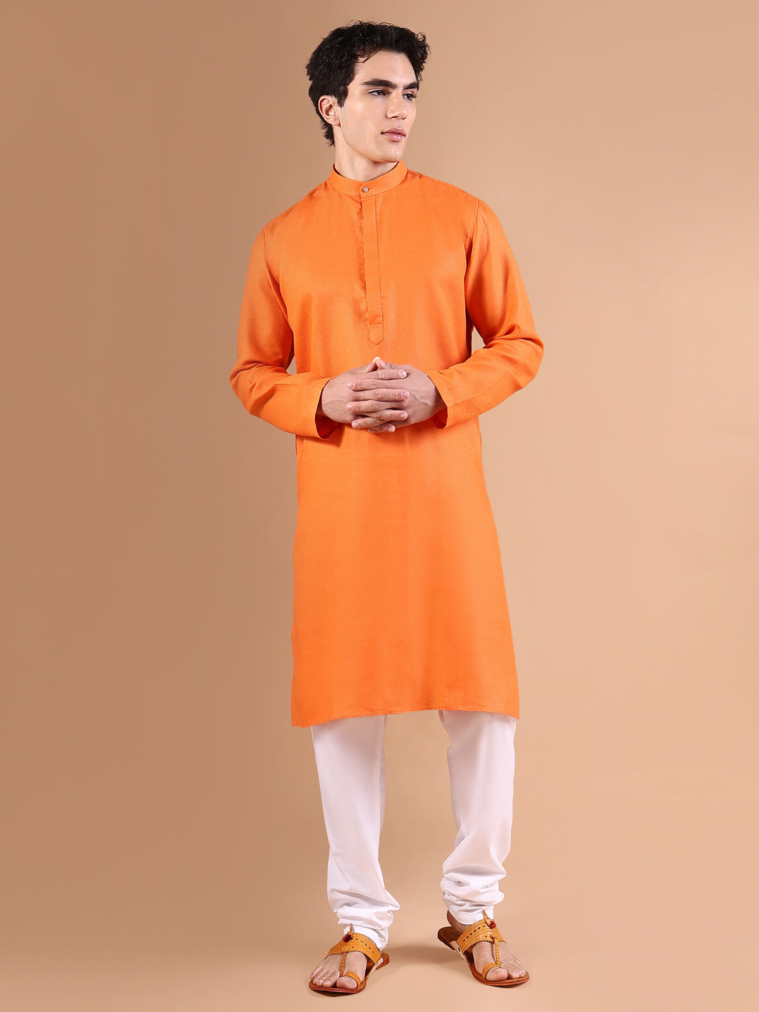 Men Orange Solid Kurta Set