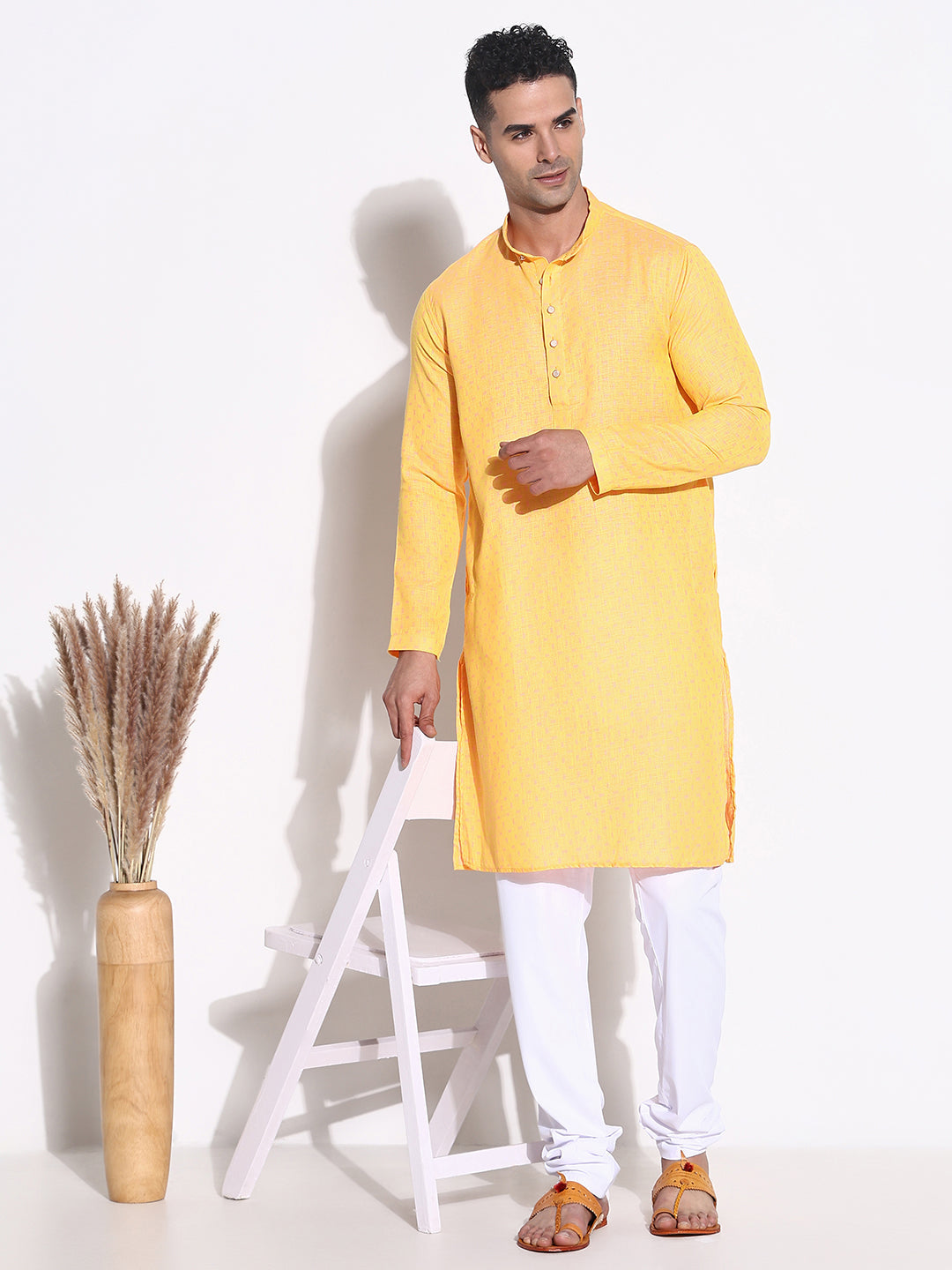 Men Orange Solid Kurta Set