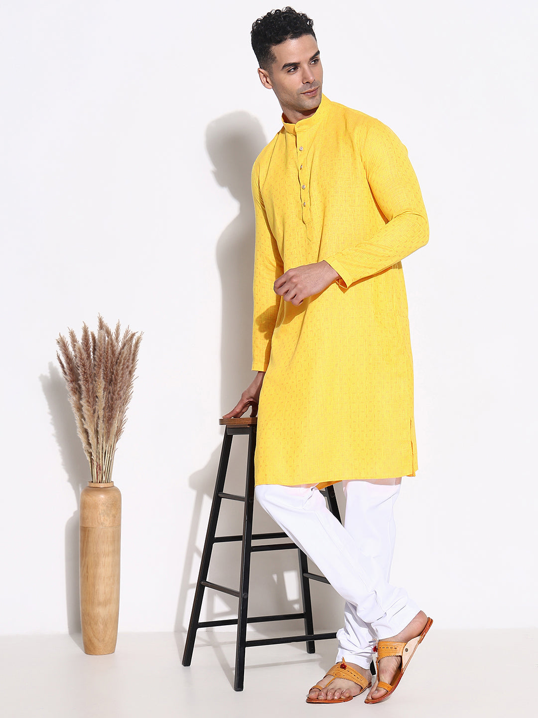 Men Yellow Solid Kurta Set