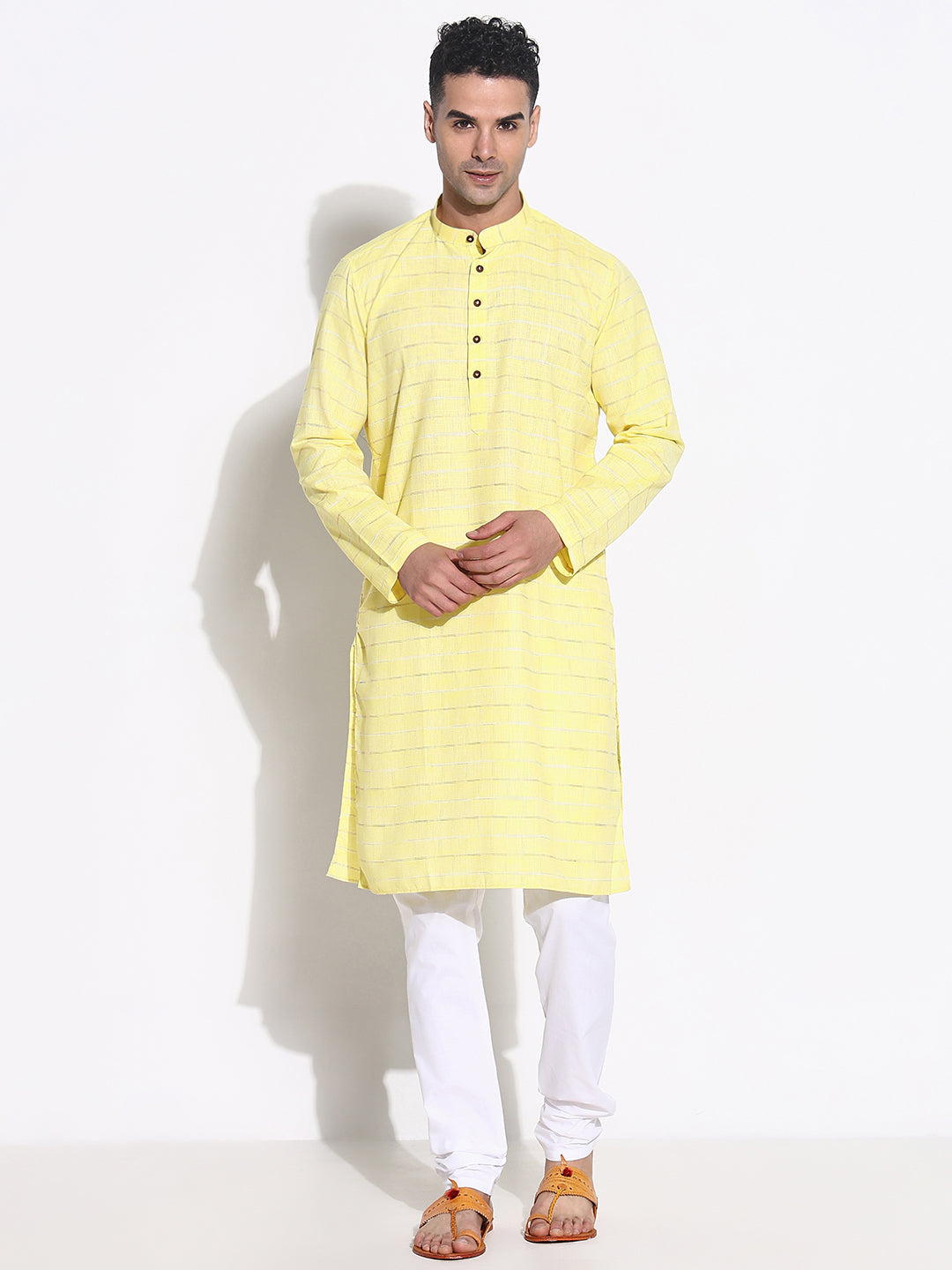 Men Yellow Striped Kurta Set