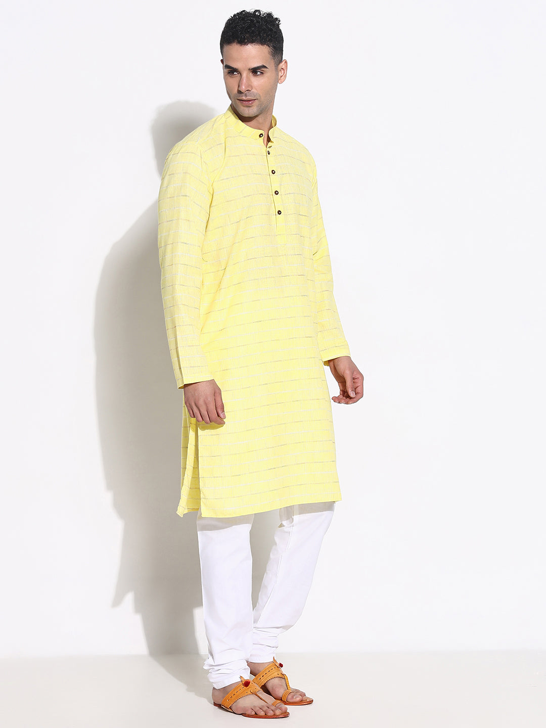 Men Yellow Striped Kurta Set