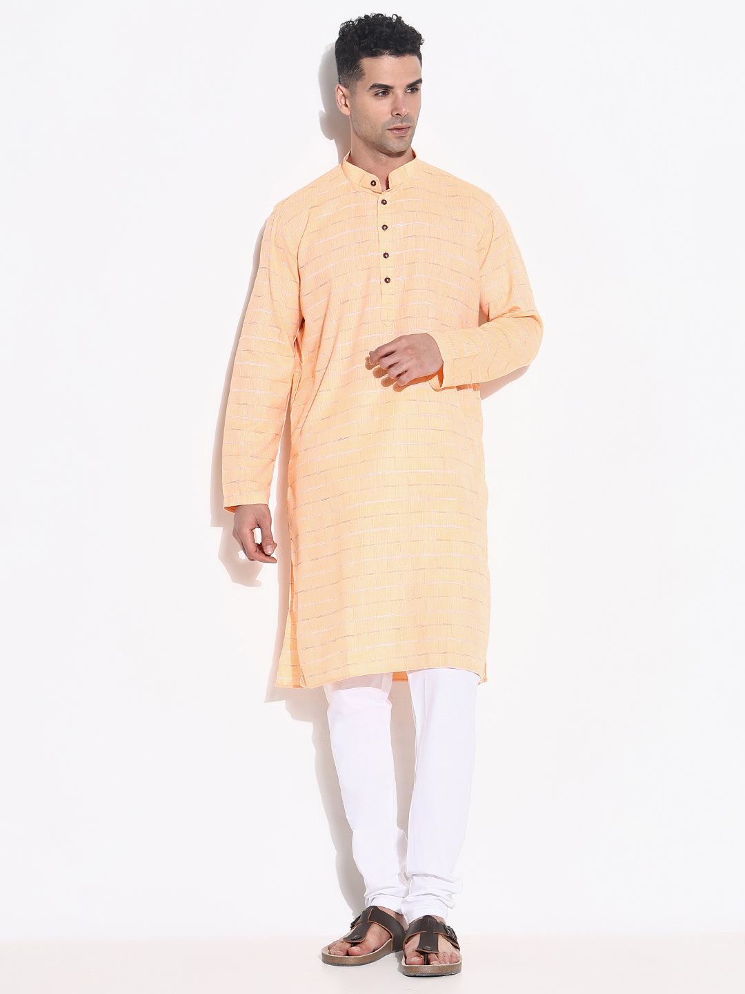 Men Orange Striped Kurta Set