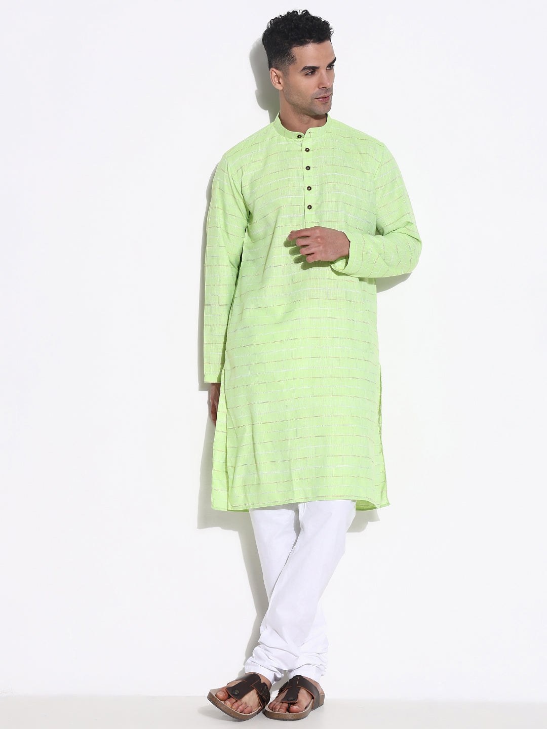 Men Green Striped Kurta Set