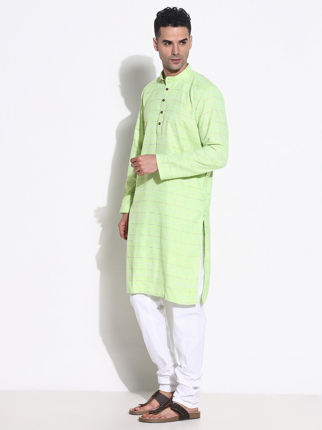 Men Green Striped Kurta Set