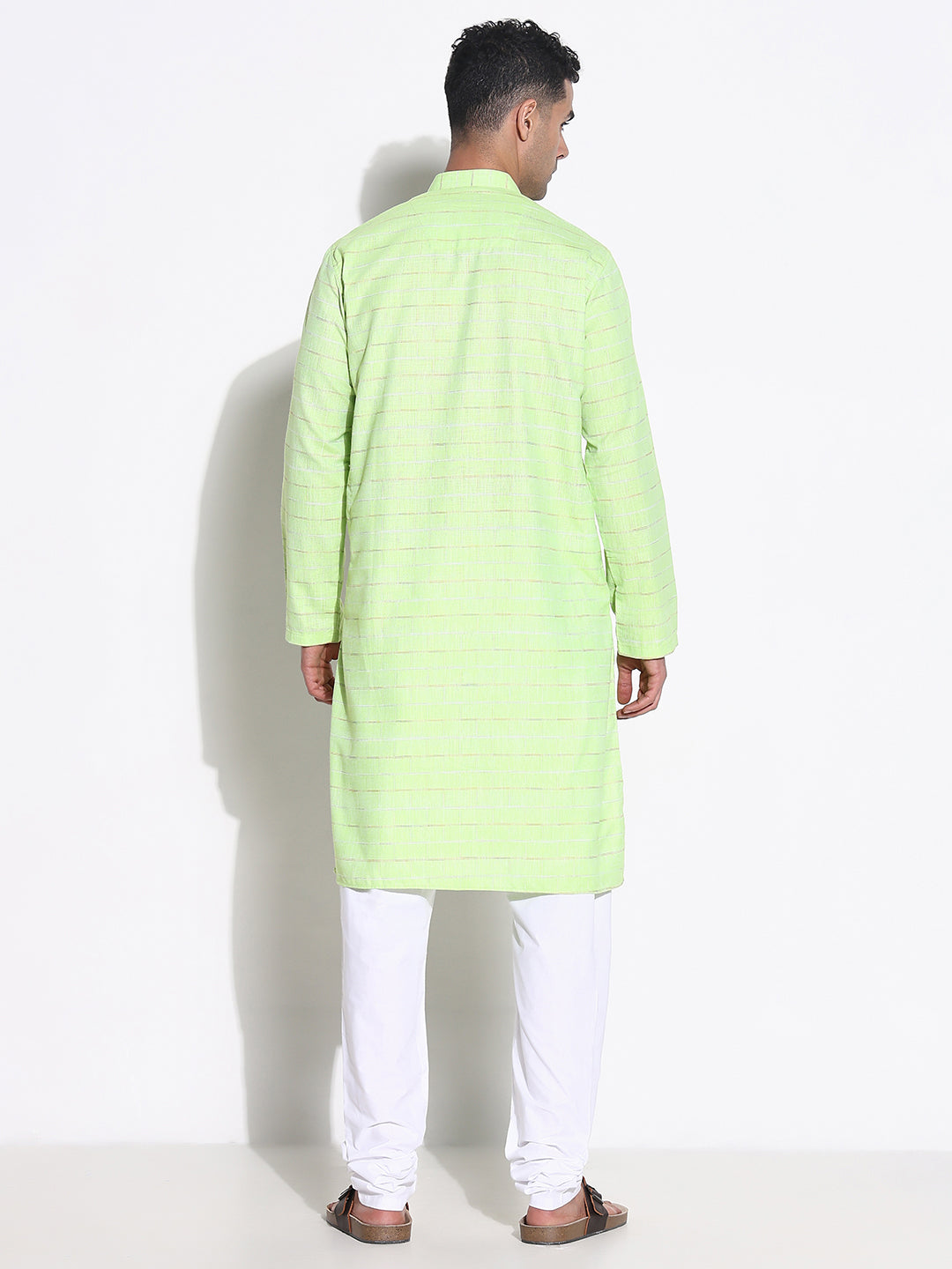 Men Green Striped Kurta Set