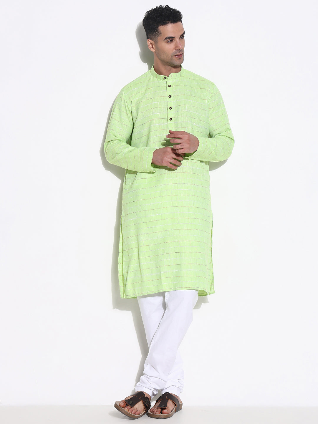 Men Green Striped Kurta Set