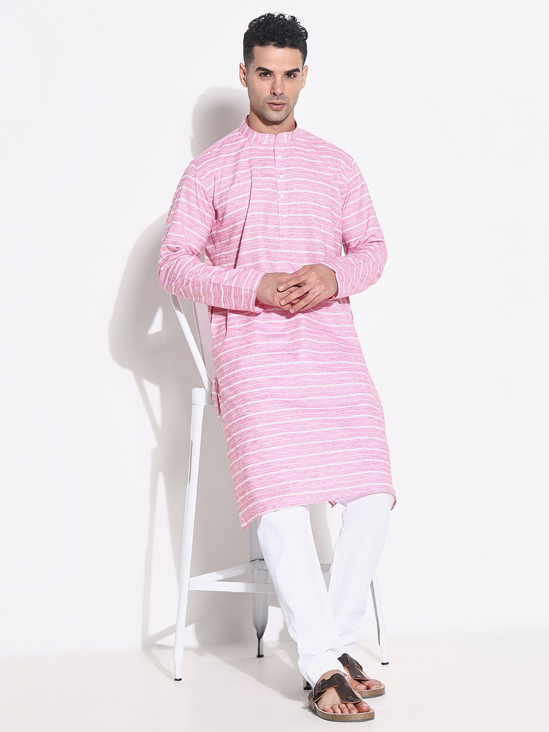 Men Pink Striped Kurta Set