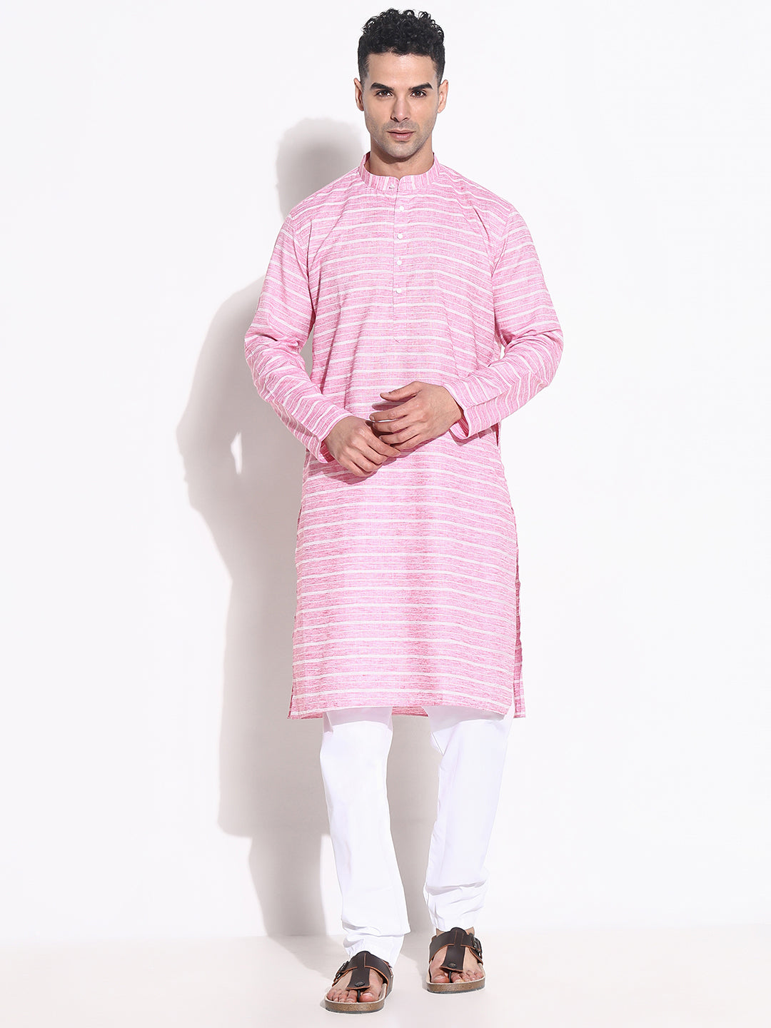 Men Pink Striped Kurta Set