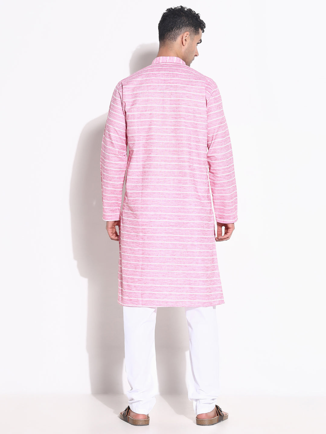 Men Pink Striped Kurta Set